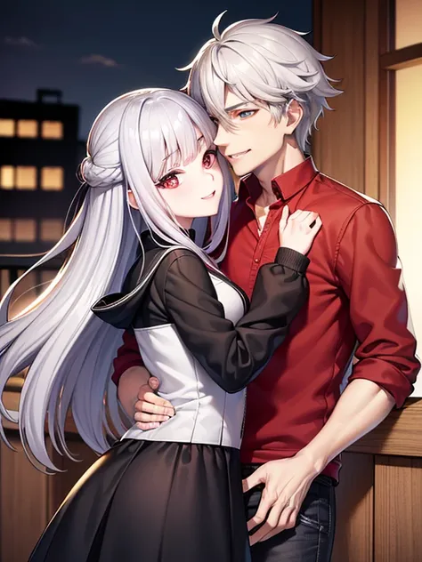 red eyes,details:1.5,(best quality,8k,highres,masterpiece:1.2),ultra-detailed, Foxy boy:1.1, with grey hair,evils smile,casual clothes,Foxy girl:1.1, with silver hair,feminine,blushing cheeks,near kiss