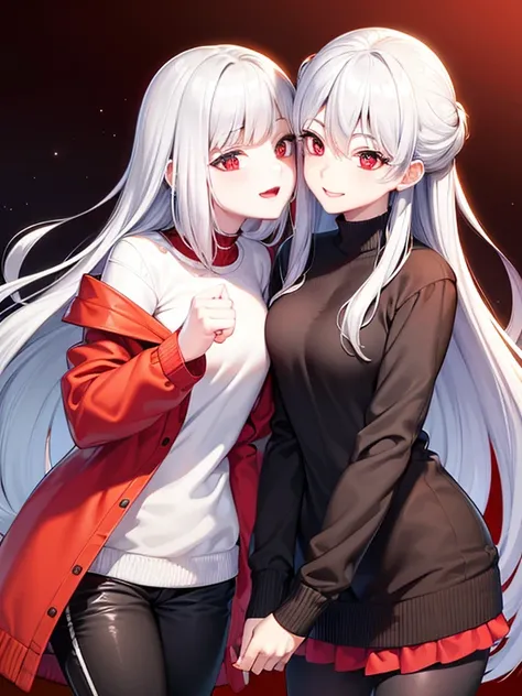 red eyes,details:1.5,(best quality,8k,highres,masterpiece:1.2),ultra-detailed, Foxy boy:1.1, with grey hair,evils smile,casual clothes,Foxy girl:1.1, with silver hair,feminine,blushing cheeks,near kiss