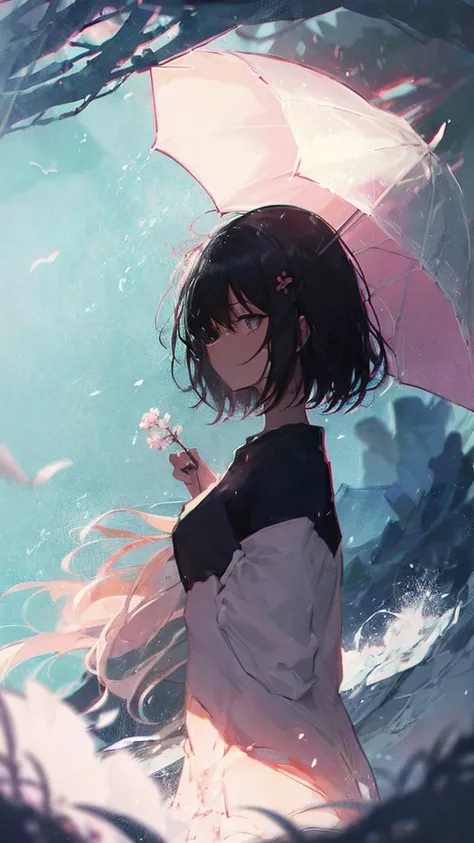 Product illustration of a girl in the rain,cherry blossoms,water中で,water,black hair,short bob,white skin,waterに浮いている