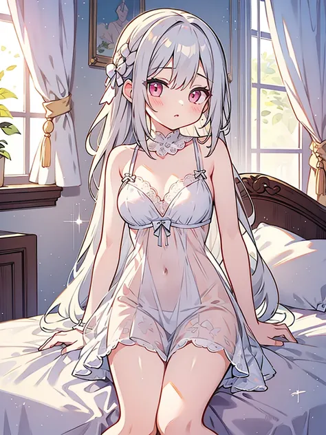 beautiful illustrations, highest quality, pretty girl, 1girl, Bedroom, pastel colour, (two-separated lingerie), cute lingerie, long silver hair, bright lighting, Pale pink eyes