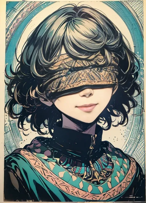 (masterpiece, top quality, best quality, official art, beautiful and aesthetic:1.2),
blindfold, solo, 1girl , short hair, long sleeves, bangs, smile, upper body, bandages, shirt,
extreme detailed,highest detailed, optical mixing, playful patterns, lively t...