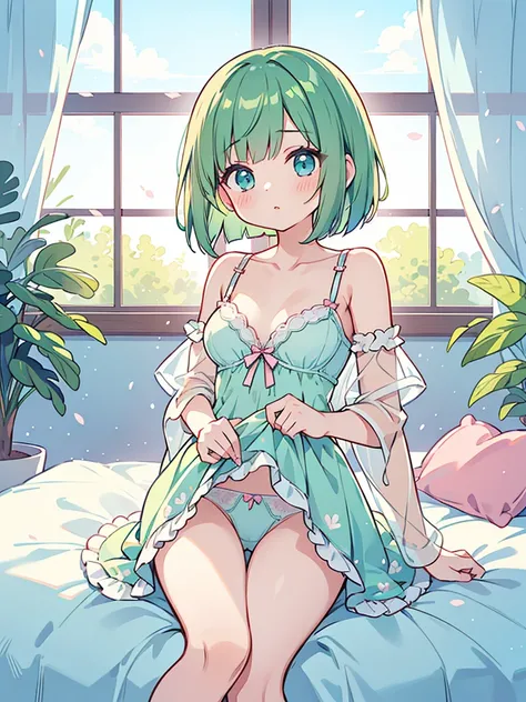 beautiful illustrations, highest quality, pretty girl, 1girl, Bedroom, pastel colour, (two-separated lingerie), cute lingerie, (Spring Green bob cut), bright lighting, sky-blue eyes