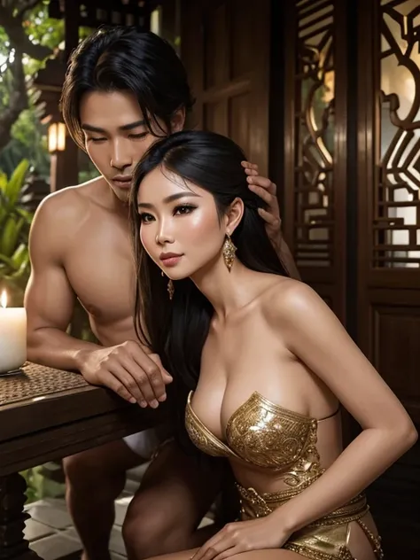 A stunning and mature Balinese woman, exuding sensuality and allure, engaged in a passionate encounter with a younger man in the enchanting surroundings of Bali.