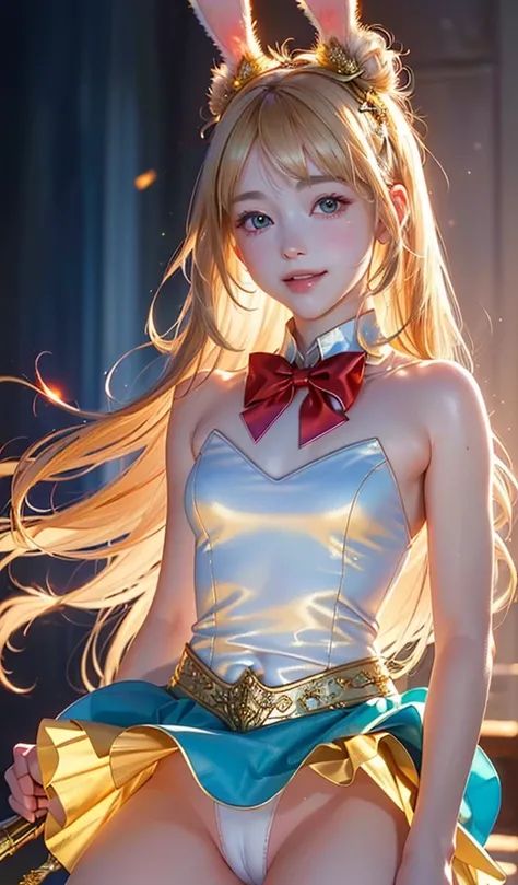 masterpiece, best quality, extremely detailed CG unity 8k wallpaper, (Upper Body head close-up shot of a beautiful little girl), , Elegant Long straight blonde hair, (Mckenna Grace), (flat chest,thighs), (red-blue) golden (Glittering Puffy skirt,long Bunny...