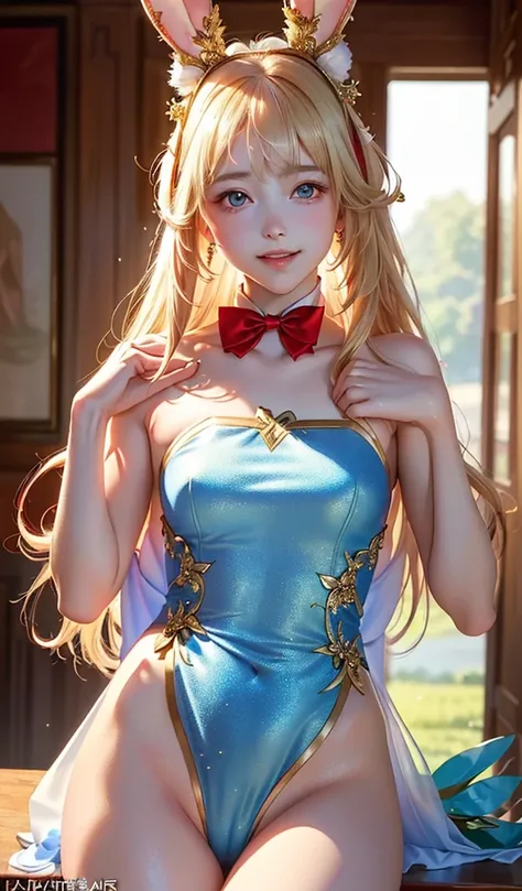 masterpiece, best quality, extremely detailed CG unity 8k wallpaper, (Upper Body head close-up shot of a beautiful little girl), , Elegant Long straight blonde hair, (Mckenna Grace), (flat chest,thighs), (red-blue) golden (Glittering cheongsam,long Bunny E...