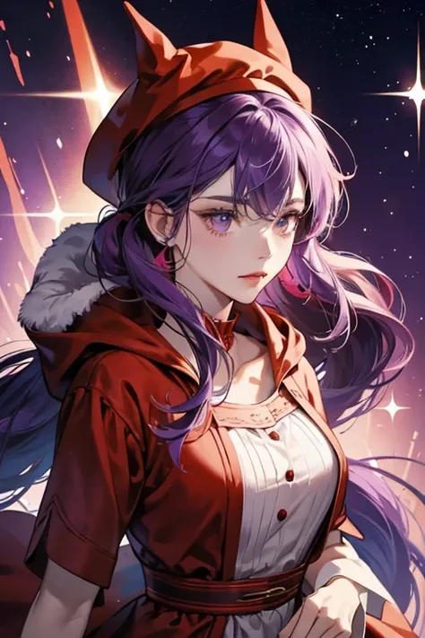 The wife appears to be humanoid with purple skin, a pair of pony tails, and red clothing in the shape of a dress. She has a red hat instead of a hood, like her husband. Her hat appears to have a face on it. SPARKLE; GLITTER