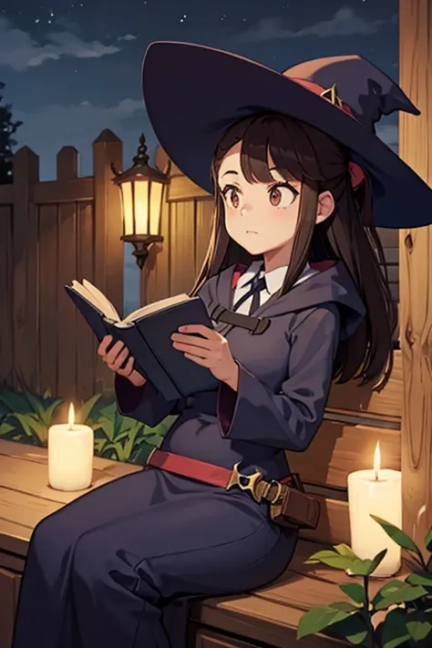 a black haired female witch with brown eyes with an hourglass figure in a conservative witch's uniform is reading a book on the ...