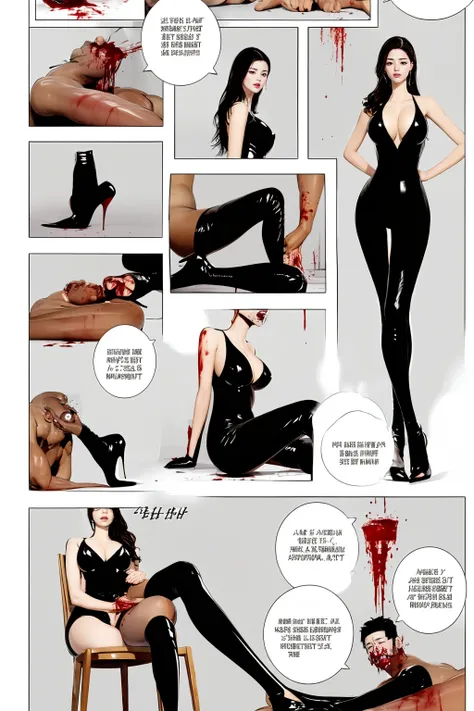 comic storyboard，anatomically correct,1beautiful girl, long hair,smile,barefoot,lace top,sexy, shiny leggings, thin gap，camel toe，high heels，cleavage,crossed legs,large breasts,leg tattoo,long hair,smile,toenails,) standing,trample，cuts,defloration,indoor,...