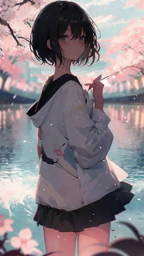 cherry blossomsの中の少女の商品イラスト,cherry blossoms,black hair,short bob,white skin,Pale complexion