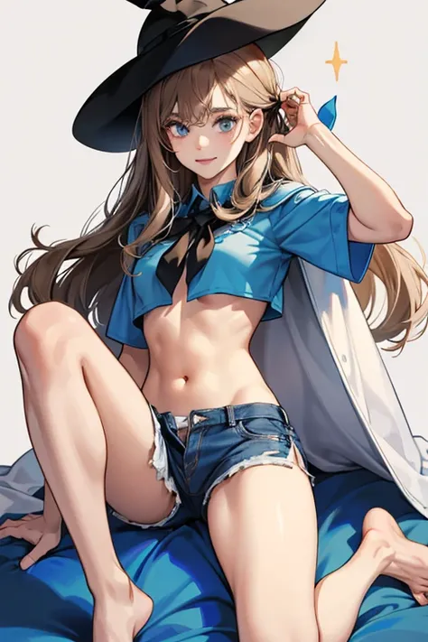 Jo is a regular female human with a hat that has long bunny ears and a cape over her neck dropping down to her legs. Her cape and hat are both the same shade of white. Underneath the cape, she wears blue shorts and a light blue t-shirt that is torn above h...