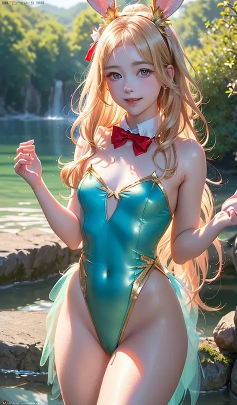 masterpiece, best quality, extremely detailed CG unity 8k wallpaper, (Upper Body head close-up shot of a beautiful little girl), , Elegant Long straight blonde hair, (Mckenna Grace), (flat chest,thighs), (red-Cyan) golden (Glittering tutu,long Bunny Ear He...