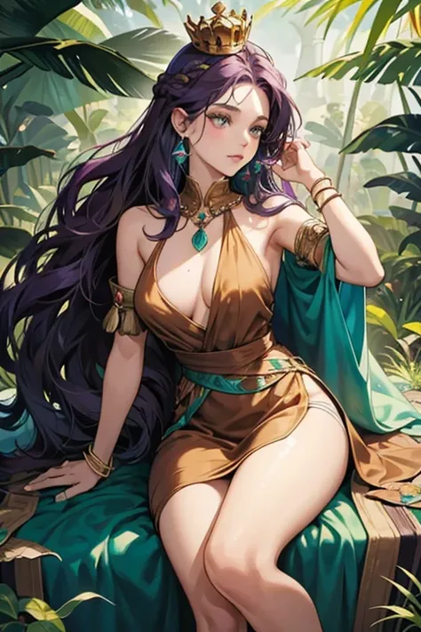 She has teal skin and long dark purple hair in a tall up-do with several bumps. Her "dress" is made of dark brown leather or possibly fur, and her body is covered in ceremonial paint. It is also notable that Jungle Princess is one of the curvier female hum...