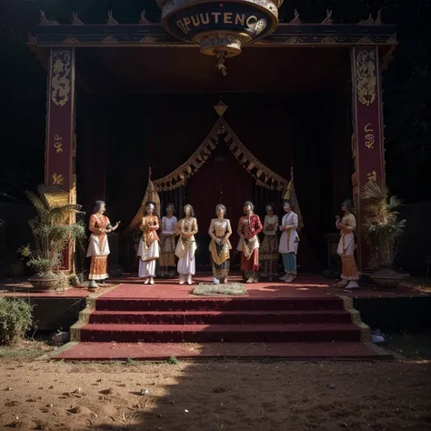 arafed stage with a group of people on it and a red carpet, a picture by Mym Tuma, instagram, hurufiyya, nuttavut baiphowongse, trailer, image, music show, palace dance, fine art piece, backdrop, full - view, candid photograph, myanmar, patiphan sottiwilai...