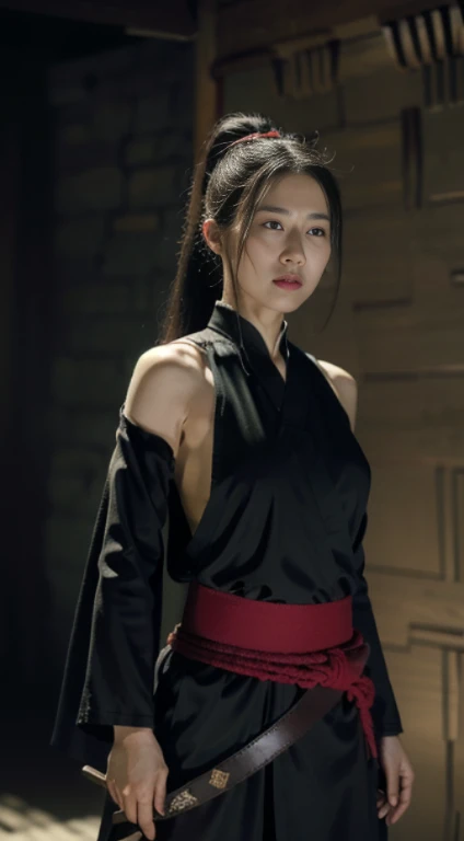 (positive focus), (in the dark: 1), (highest quality), (reality: 1), movie poster, realistic skin texture, very detailed, 8k wallpaper, volume lighting, dynamic lighting, girl, Long hair in a black ponytail, black robe, red belt, Small armor, shoulder armo...