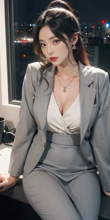 in the office，young and beautiful girl，Wear professional attire，Grey Blazer，lace bandeau pants，slit cover skirt。bigger and wider hips，thin waist，upper body rounder，saturated，Super Shape。dress up with jewels，necklace，earring，see，high heel，Red Stockings。Pain...