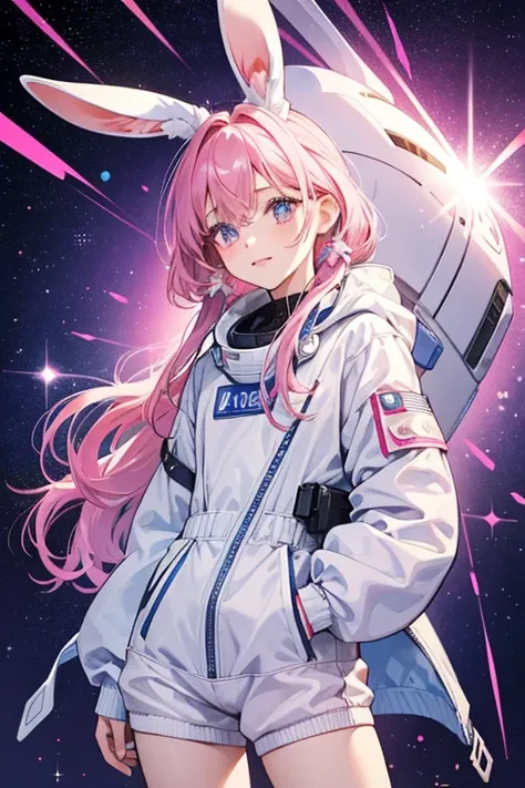 She is a female rabbit with a pink outfit and slanted eyes. He has a blue plastic watch in the shape of a white rabbit, lots of lines and white security details on his space suit. SPARKLE; GLITTER