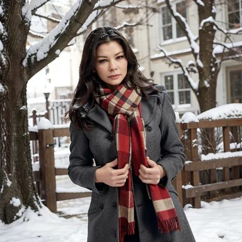 Catherine Zeta-Jones in the snow wearing a coat and scarf