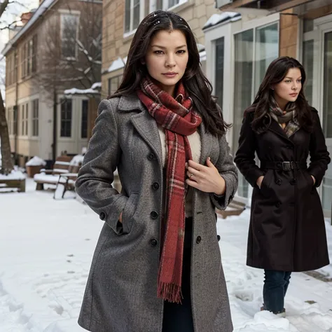 Catherine Zeta-Jones in the snow wearing a coat and scarf