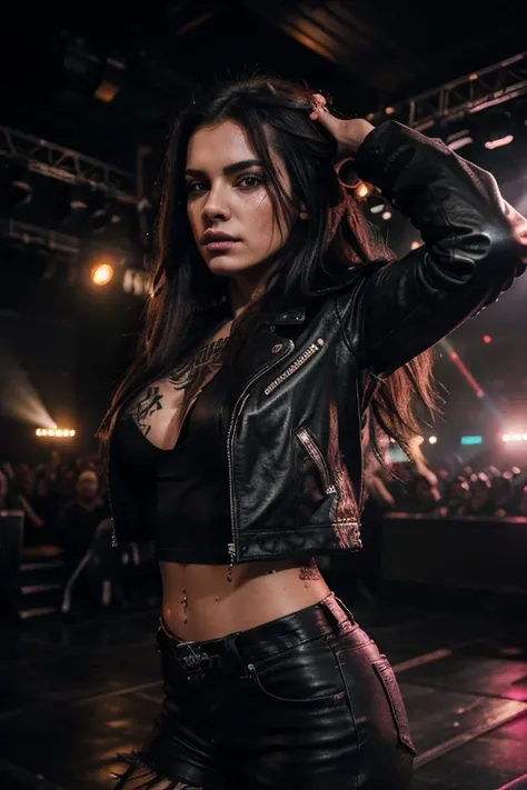 (best quality,highres,realistic:1.37), girl with long flowing hair,body covered in metallic tattoos, wearing a black leather jacket and ripped jeans, standing on a stage in a dimly lit concert hall, surrounded by flashing lights and smoke. She holds a micr...