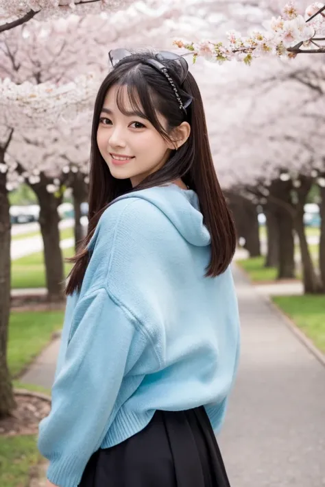 Please create an idol-type beautiful girl.。The character is about 20 years old, 155cm tall, and wearing a . Please create a background of cherry blossoms blooming in Toneri Park in spring.。Smiling and posing