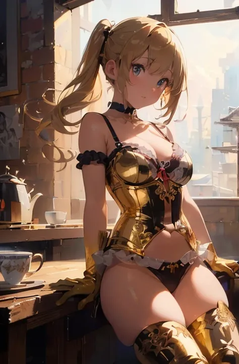 (masterpiece:1.8),(highest quality:1.8),(Super detailed:1.8),(8K:1.8),(Ultra-fine illustration:1.5),cute beautiful girl,lolita style,skinny,small ass,Up Twin Tail,flat chest,small breasts,(Shiny metallic gold AA cup bra,panties),,Gold Corset,choker,Gold Lo...