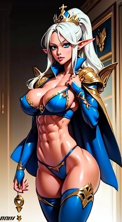 extremely long hair , ponytail, perfect anatomy 1 girl tall solo, slim thick,  ((muscular)) high elf toned body, silver breast plate, blue cape, slendered abs, hourglass waist, detailed face, defined cheekbones, puffy lips, gauntlets, gold crown, shadow ov...