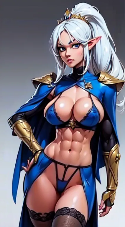 extremely long hair , ponytail, perfect anatomy 1 girl tall solo, slim thick,  ((muscular)) high elf toned body, silver breast plate, blue cape, slendered abs, hourglass waist, detailed face, defined cheekbones, puffy lips, gauntlets, gold crown, shadow ov...