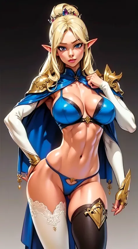 extremely long hair , ponytail, perfect anatomy 1 girl tall solo, slim thick,  ((muscular)) high elf toned body, silver breast plate, blue cape, slendered abs, hourglass waist, detailed face, defined cheekbones, puffy lips, gauntlets, gold crown, shadow ov...