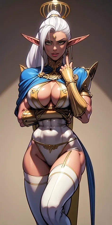 extremely long hair , ponytail, perfect anatomy 1 girl tall solo, slim thick, ((muscular)) high elf toned body, silver breast plate, blue cape, slendered abs, hourglass waist, detailed face, defined cheekbones, puffy lips, gauntlets, gold crown, shadow ove...