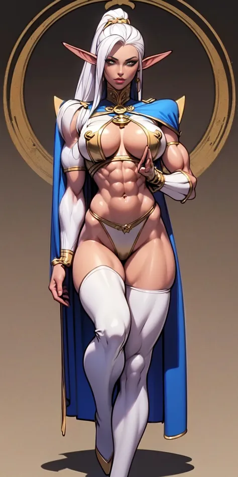 extremely long hair , ponytail, perfect anatomy 1 girl tall solo, slim thick, ((muscular)) high elf toned body, silver breast plate, blue cape, slendered abs, hourglass waist, detailed face, defined cheekbones, puffy lips, gauntlets, gold crown, shadow ove...