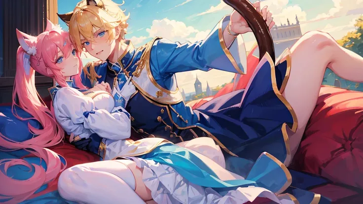 handsome boy, blonde hair, blue eyes, royal blue clothes, white horns, huge dragon surrounding him, beutiful girl, red and pink hair, two ponytail hair, cute girl, cat ears, cat tail, royal clothes, couple, romantic pose, 8k resolution, sky