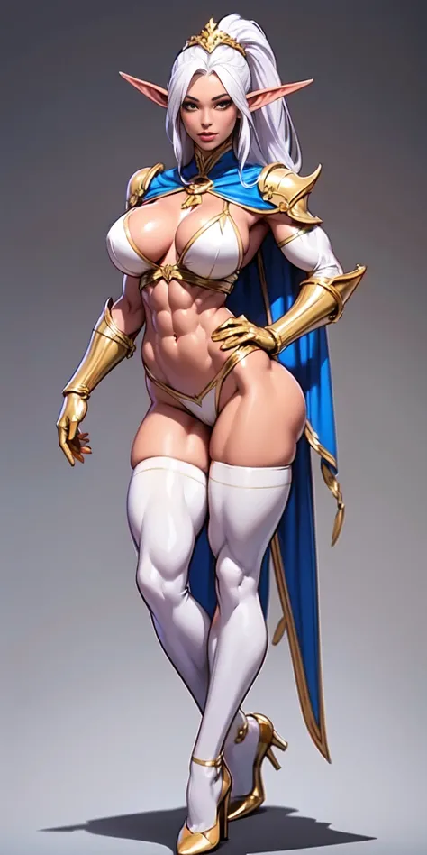 extremely long hair , ponytail, perfect anatomy 1 girl tall solo, slim thick, ((muscular)) high elf toned body, silver breast plate, blue cape, slendered abs, hourglass waist, detailed face, defined cheekbones, puffy lips, gauntlets, gold crown, shadow ove...