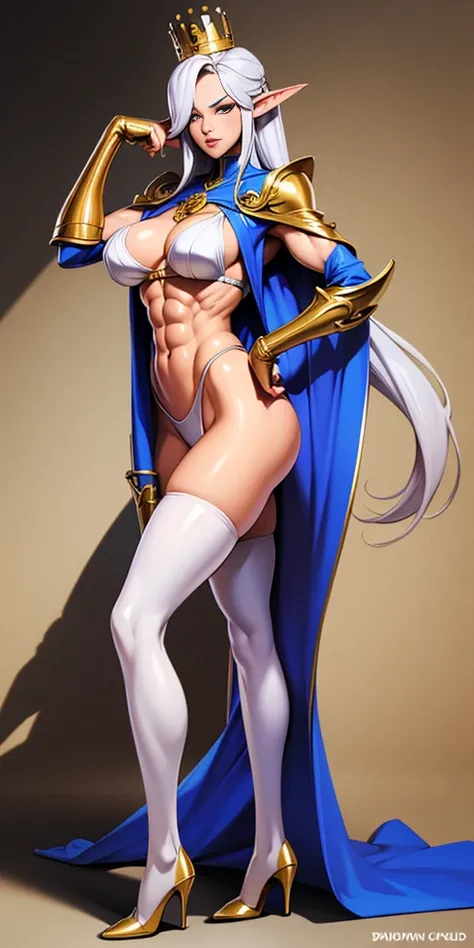 extremely long hair , ponytail, perfect anatomy 1 girl tall solo, slim thick, ((muscular)) high elf toned body, silver breast plate, blue cape, slendered abs, hourglass waist, detailed face, defined cheekbones, puffy lips, gauntlets, gold crown, shadow ove...