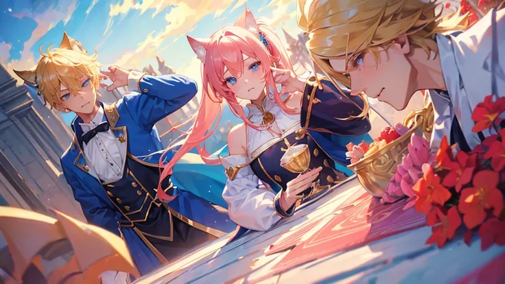 handsome boy, blonde hair, blue eyes, royal blue clothes, white horns on his head, dragon, beutiful girl, red and pink hair, two ponytail hair, cute girl, cat ears, cat tail, royal clothes, couple, romantic pose, 8k resolution, sky