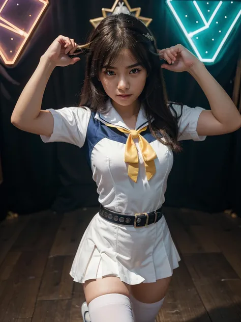 Girl taking pictures in uniform, captured on canon eos r 6, Magic Uniform University Background. The girl wears a white uniform with a design like Sailor Moon,Wearing long white rubber boots、 Emphasize the classic style. Images are of the highest quality (...