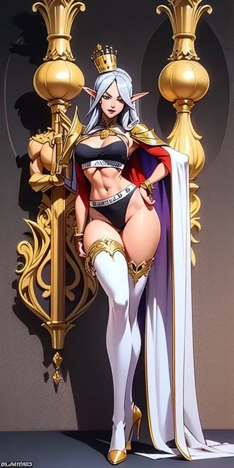 extremely long hair , ponytail, perfect anatomy 1 girl tall solo, slim thick, ((muscular)) high elf toned body, silver breast plate, blue cape, slendered abs, hourglass waist, detailed face, defined cheekbones, puffy lips, gauntlets, gold crown, shadow ove...