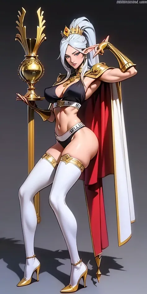 extremely long hair , ponytail, perfect anatomy 1 girl tall solo, slim thick, ((muscular)) high elf toned body, silver breast plate, blue cape, slendered abs, hourglass waist, detailed face, defined cheekbones, puffy lips, gauntlets, gold crown, shadow ove...