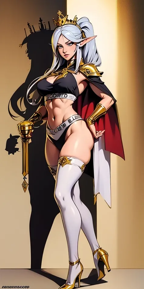 extremely long hair , ponytail, perfect anatomy 1 girl tall solo, slim thick, ((muscular)) high elf toned body, silver breast plate, blue cape, slendered abs, hourglass waist, detailed face, defined cheekbones, puffy lips, gauntlets, gold crown, shadow ove...