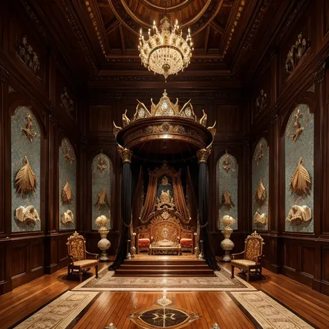 Audience room with two thrones made of enormous wood surrounded by carved fish and crabs, and a lofty, jewel-encrusted dome, mother-of-pearl and ebony floor, colunas de quartzo rosa 