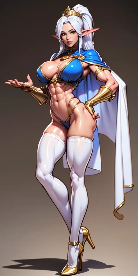 extremely long hair , ponytail, perfect anatomy 1 girl tall solo, slim thick, ((muscular)) high elf toned body, silver breast plate, blue cape, slendered abs, hourglass waist, detailed face, defined cheekbones, puffy lips, gauntlets, gold crown, shadow ove...