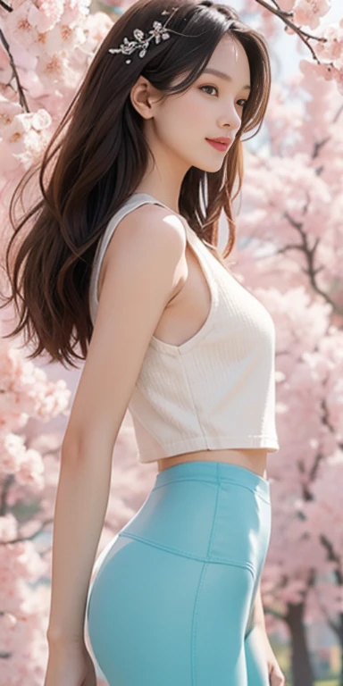 ((whole body)), ((from the side)), ((run through the park)), ((realistic)), 1 girl, looking at viewer, detailed scene, straight hair, air bang, beautiful hair accessories, brownish yellow hair, ((tank top, sleeveless, big bust)), (Campus Style), warm light...