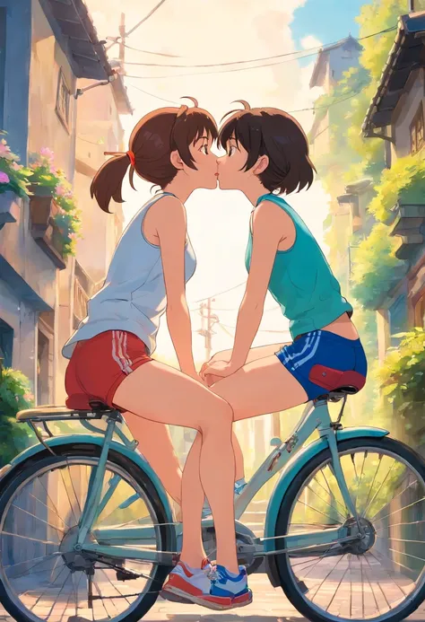 Two girls kiss while sitting on top of bikes, in running shorts, short shorts,
