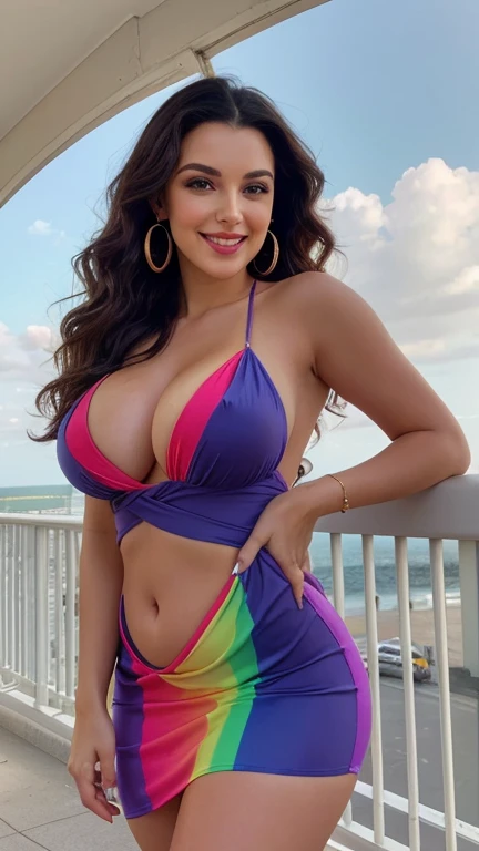 photograph of a dark-haired woman with windblown curls, her hair is intertwined, like a flame against the twilight sky., radiating unbridled beauty, big breasts,wearing  sexy rainbow colored ripped to shreds dress,, high resolution, best quality, cute, wea...