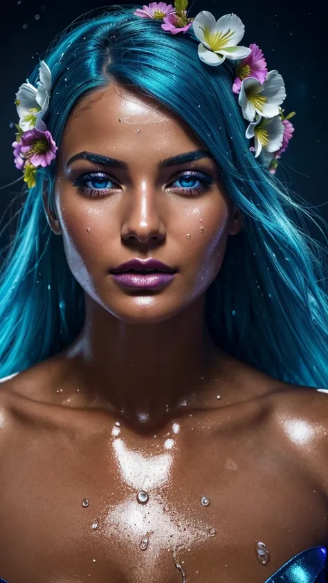 a close up of a woman with blue hair and a flower in her hair, makeup. unreal engine, wet shiny skin, slightly tanned, close up of a blonde woman, captivating glowing lights, bronze face, inspired by Petros Afshar, portrait of nordic girl, tears running do...