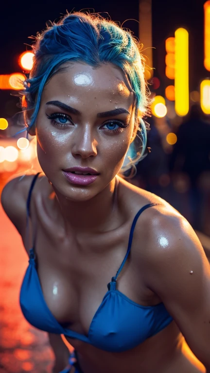 a close up of a woman with blue hair and a flower in her hair, makeup. unreal engine, wet shiny skin, slightly tanned, close up of a blonde woman, captivating glowing lights, bronze face, inspired by Petros Afshar, portrait of nordic girl, tears running do...