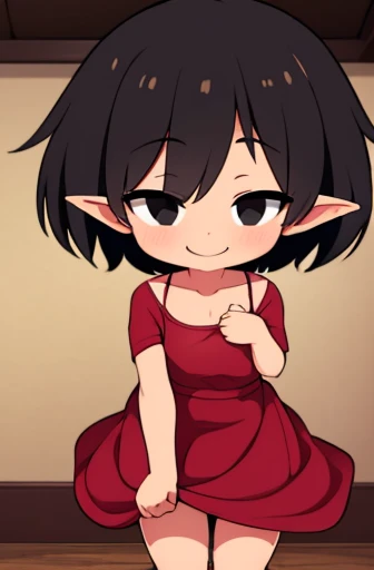 (((goblin))) , (((woman))) , (((small in height))) , (wearing a dress) , (((sex))) , I&#39;m tanned , (((Very small in stature))) , ((very small breasts)) , ((black hair)) , (short hair) , (((smile))) , front , short eyebrows , drooping eyes , (((Black eye...