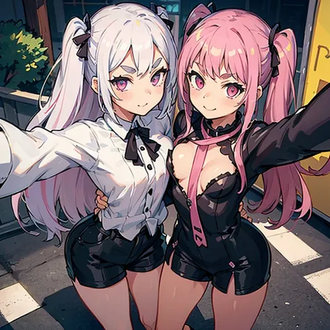 Girls with pink hair, long double-tailed hairstyle, ((small pink bushy eyebrows)), wearing lolita clothing, shorts, marked vagina, lolicon (Zankuro) drawing style by zankuro artist, Zancro style, image uploaded to R34, flirty smile, take a selfie from belo...