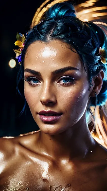 a close up of a woman with blue hair and a flower in her hair, makeup. unreal engine, wet shiny skin, slightly tanned, close up of a blonde woman, captivating glowing lights, bronze face, inspired by Petros Afshar, portrait of nordic girl, tears running do...