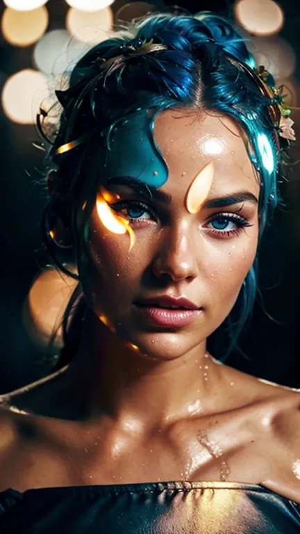 a close up of a woman with blue hair and a flower in her hair, makeup. unreal engine, wet shiny skin, slightly tanned, close up of a blonde woman, captivating glowing lights, bronze face, inspired by Petros Afshar, portrait of nordic girl, tears running do...