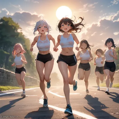 Masterpiece, Improved quality, High quality, Good anatomy, Well-formed hands, Healthy body, Intact fingers, Normal digits, 4k quality image, Girls, beautiful girls, white crop tank top, super mini pants, wet clothes, wet body, exhale, in road, running, in ...